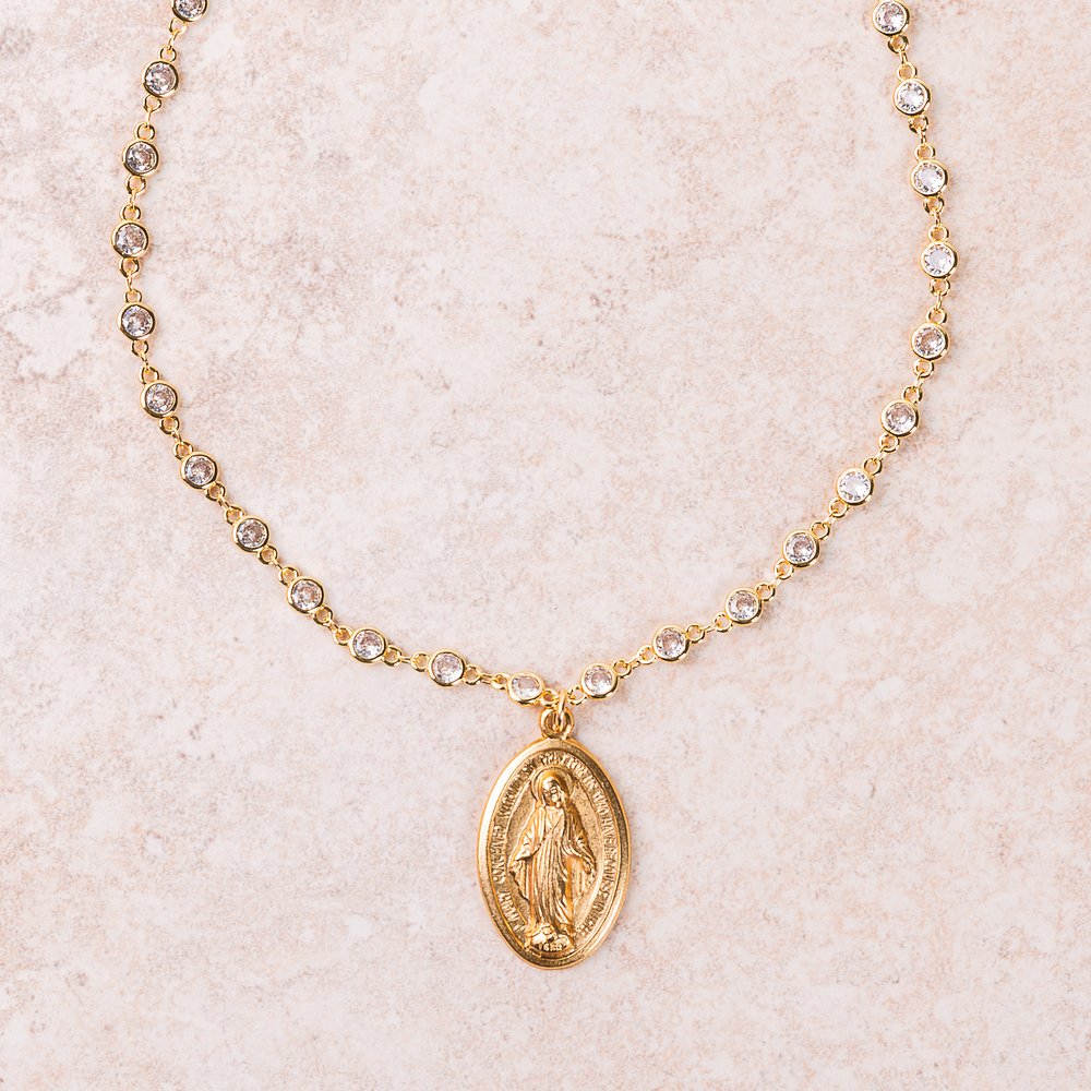 Gold & Crystal Miraculous Medal Necklace