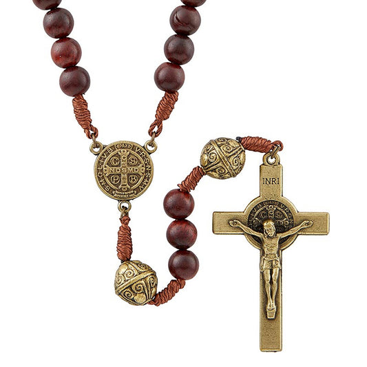 Corded Maple Wood & Antique Gold St. Benedict Rosary