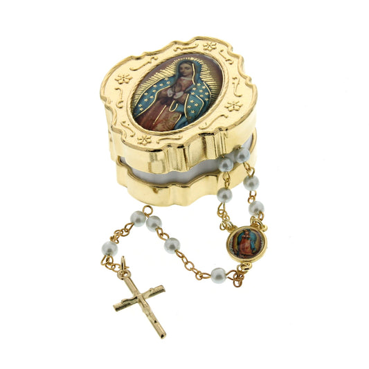Gold Guadalupe Rosary Box and Blue Pearl Rosary
