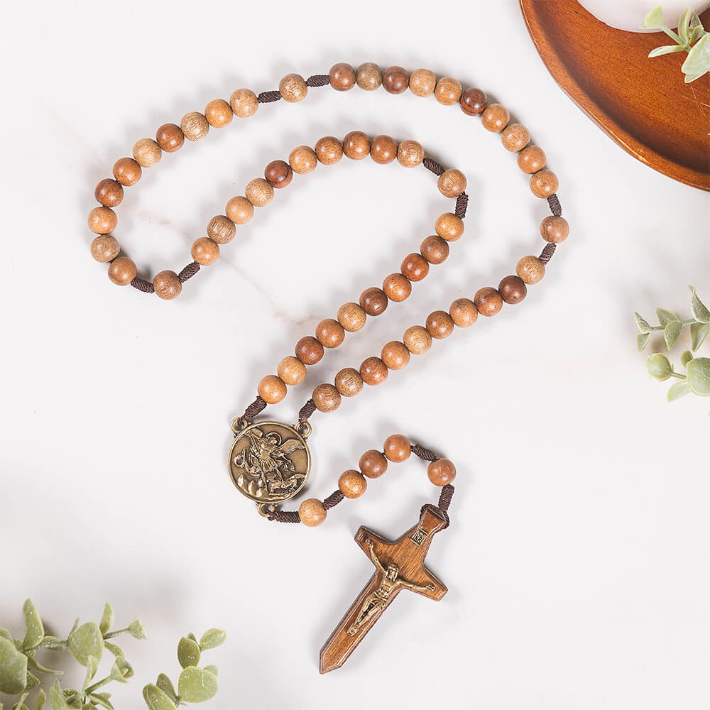 Wood & Brown Cord St. Michael Rosary with Sword Crucifix