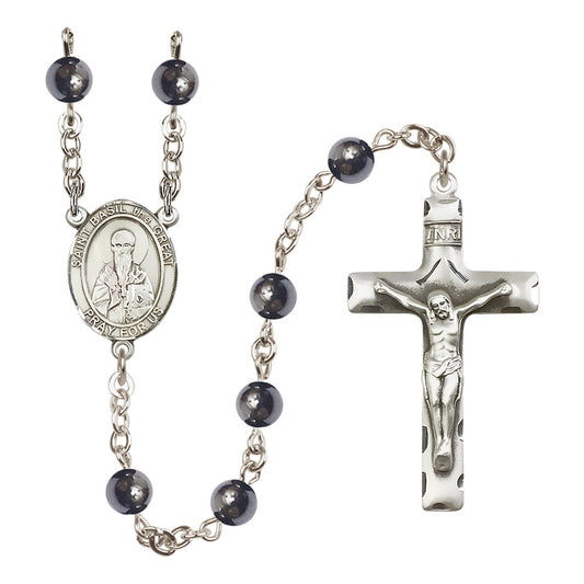 Silver Plated St. St. Basil the Great Hematite Rosary