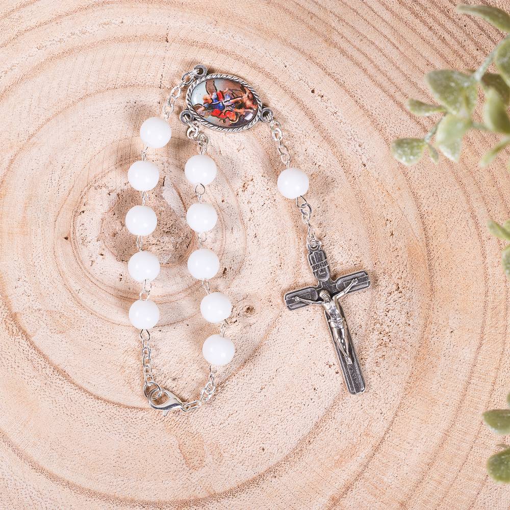St. Michael White Glass Auto Rosary