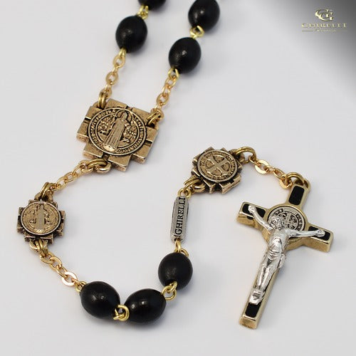 St. Benedict Gold Plated Black Rosary