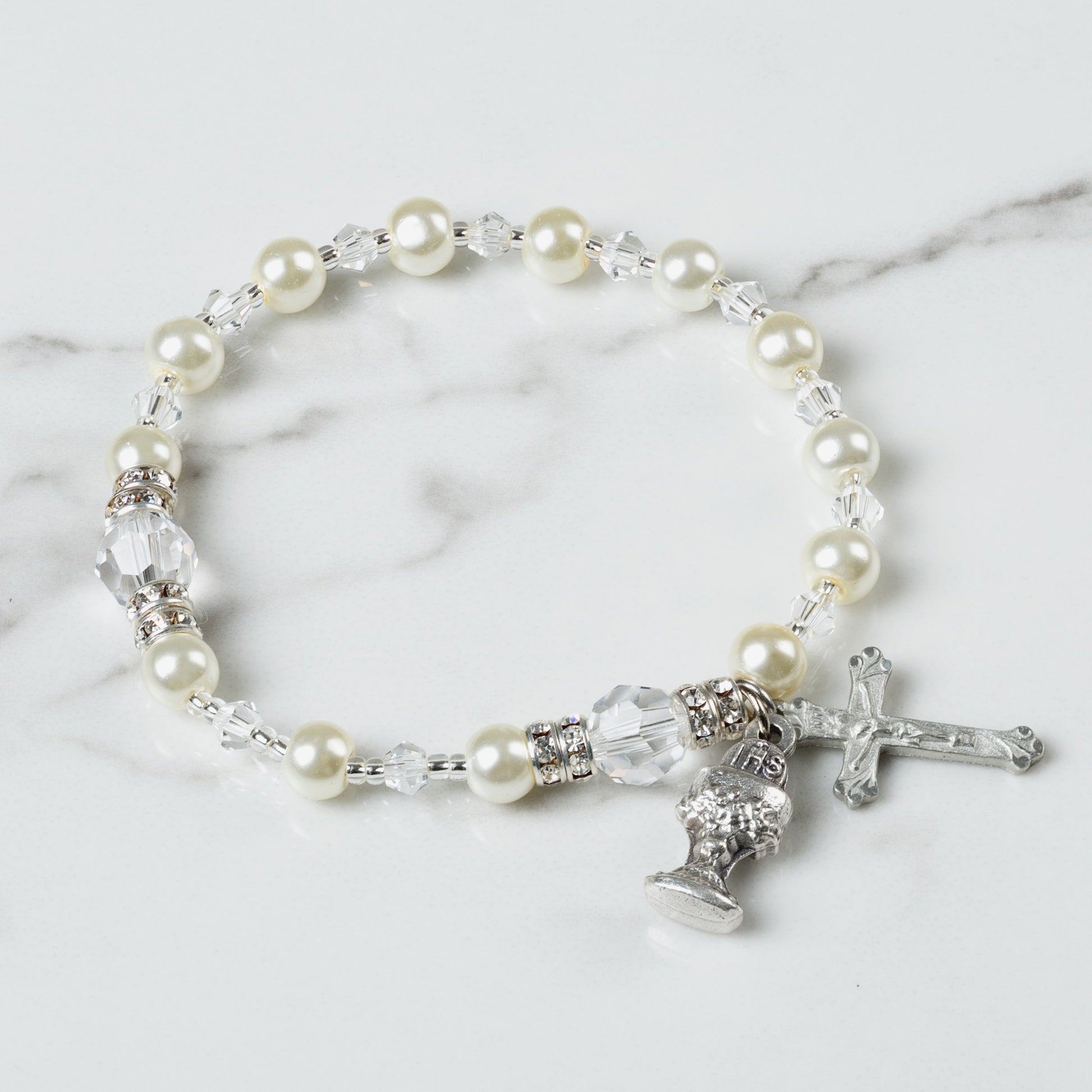 First Communion Glass Pearl Rosary Bracelet –