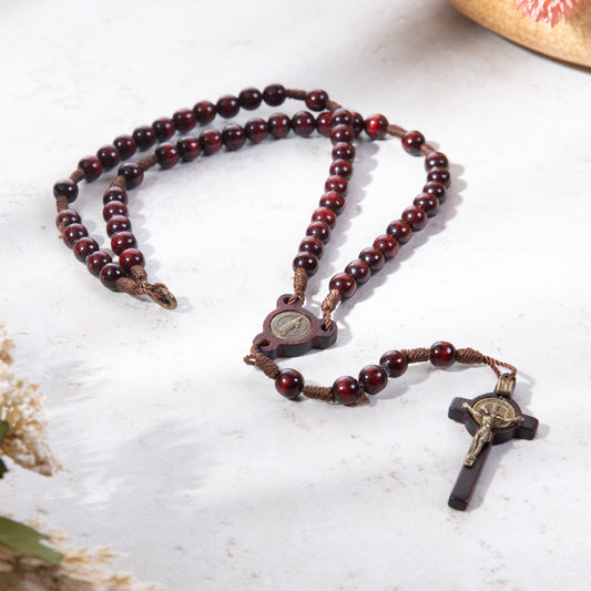 St. Benedict Walnut Finish Wood Rosary