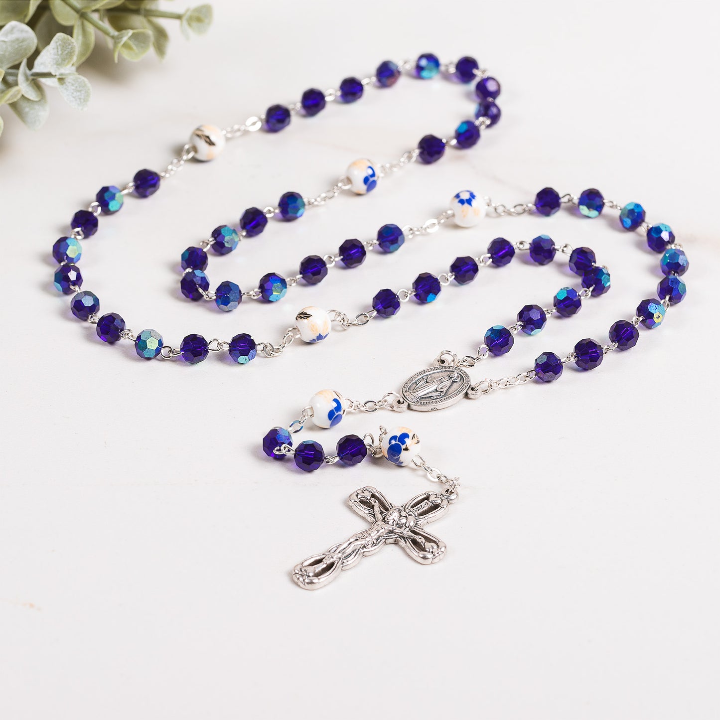 Blue Crystal & Floral Bead Miraculous Medal Rosary