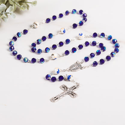 Blue Crystal & Floral Bead Miraculous Medal Rosary