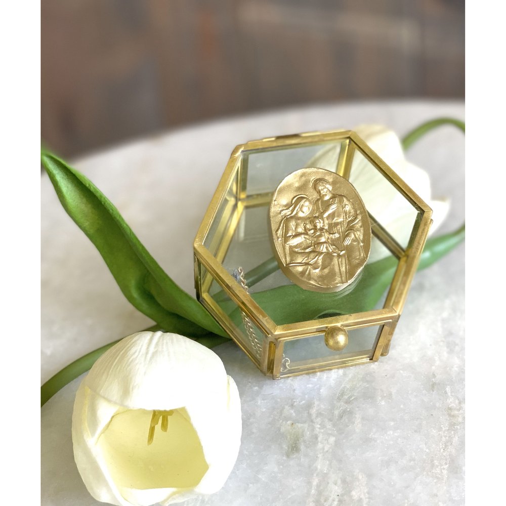 Gold Holy Family Glass Rosary Box