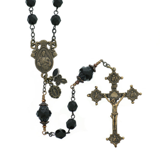 Black Glass & Bronze Sacred Heart Rosary
