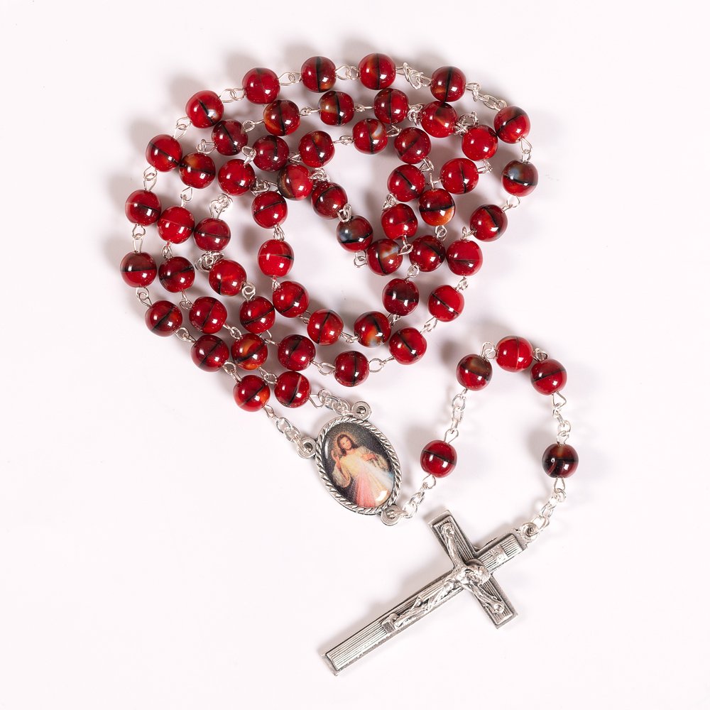 Black & Red Bead Divine Mercy Rosary with Colored Centerpiece