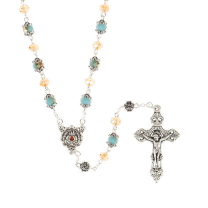 Southwestern Style Our Lady of Fatima Aqua & Peach Crystal Rosary