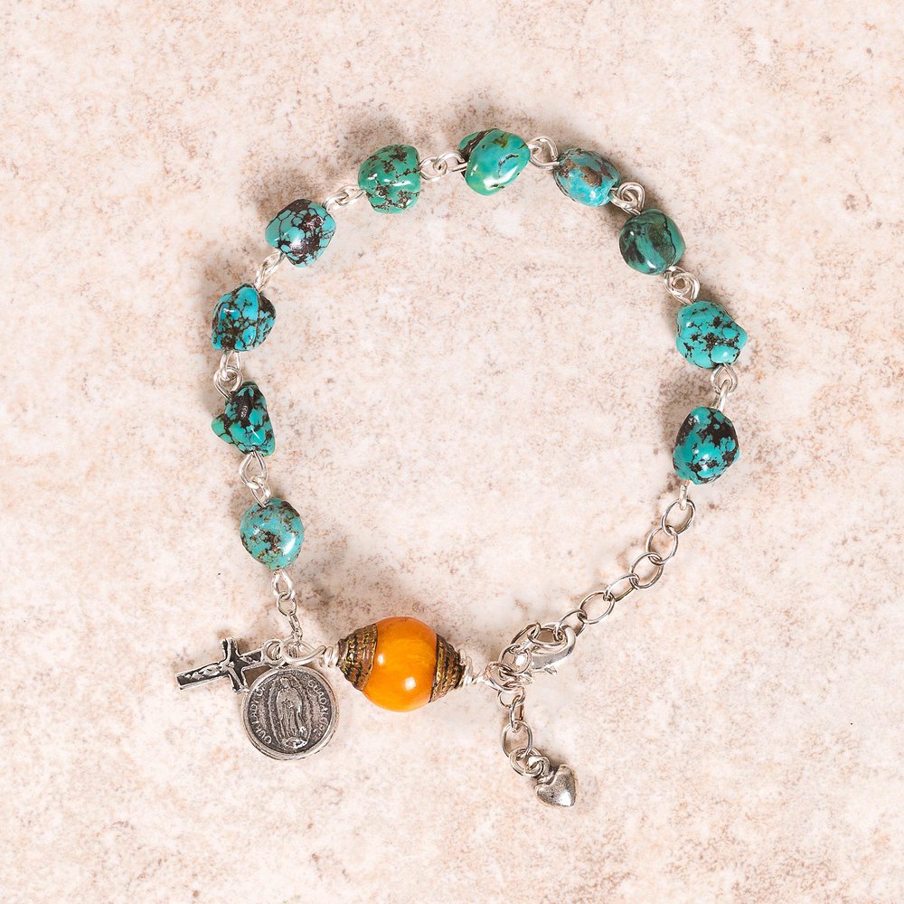 Sterling Turquoise & Amber Guadalupe Rosary Bracelet
