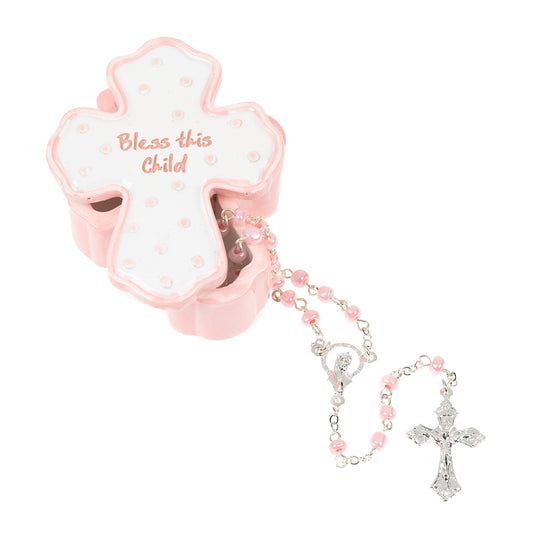 Bless this Child Rosary with Box - Pink