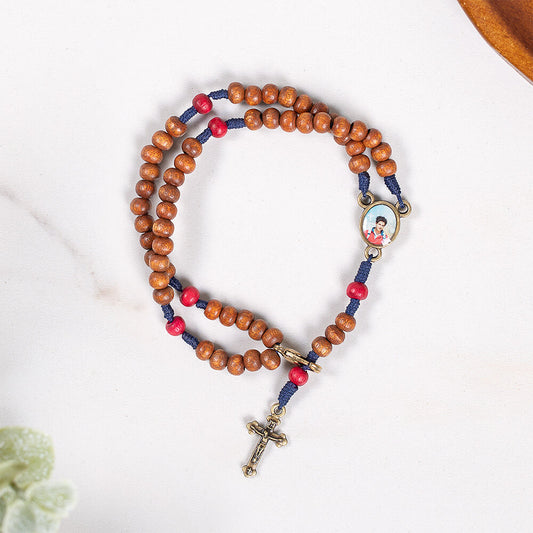 Wood & Blue Cord St. Carlo Acutis Five Decade Rosary Bracelet