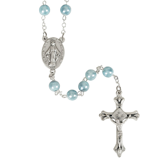Marian Blue Pearl Rosary in Rose Garden Pouch