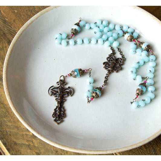Handcrafted Blue Glass & Bronze Italian Rosary (with Gift Box)