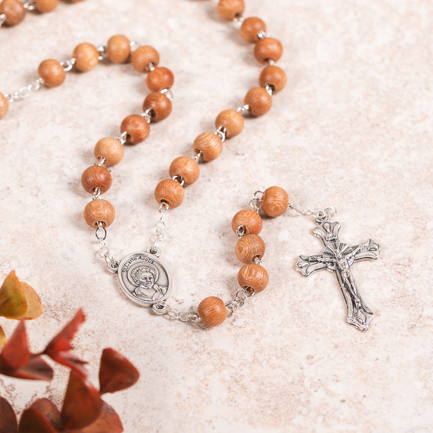 St. Carlo Acutis Sandalwood Rosary, Pin & Pouch Set