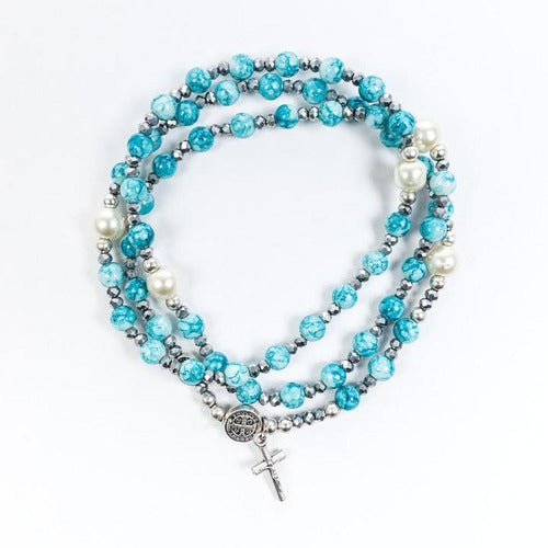 Blue and Silver Bead Rosary Wrap Bracelet