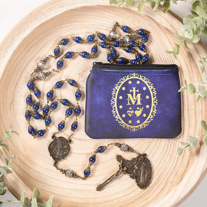 Vintage Miraculous Medal Rosary & Miraculous Rosary Pouch Gift Set