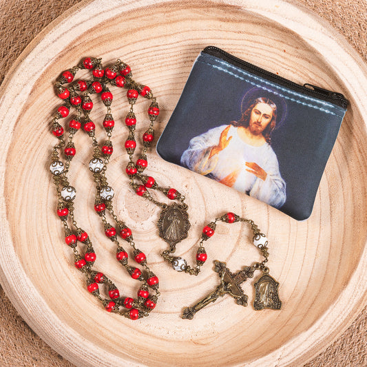 Divine Mercy Rosary Pouch & Vintage Rosary-Divine Mercy Gift Set
